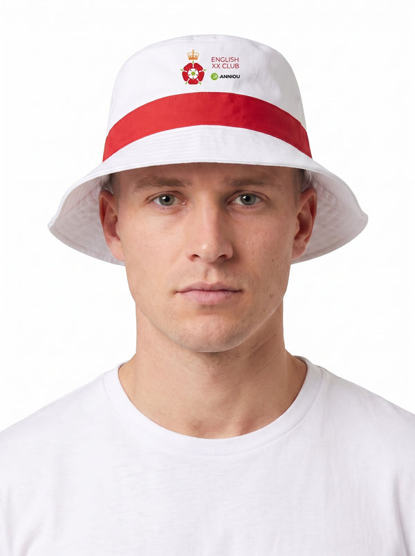 man wearing the white and red English 20 Official UV Bucket Hat with UPF 50+ protection