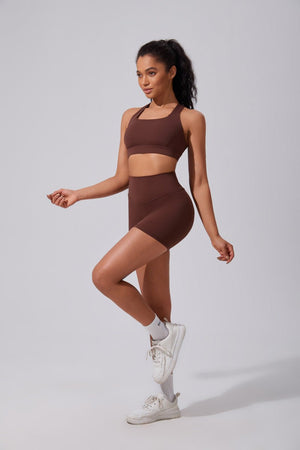 #brown Strap Sports Bra and shorts