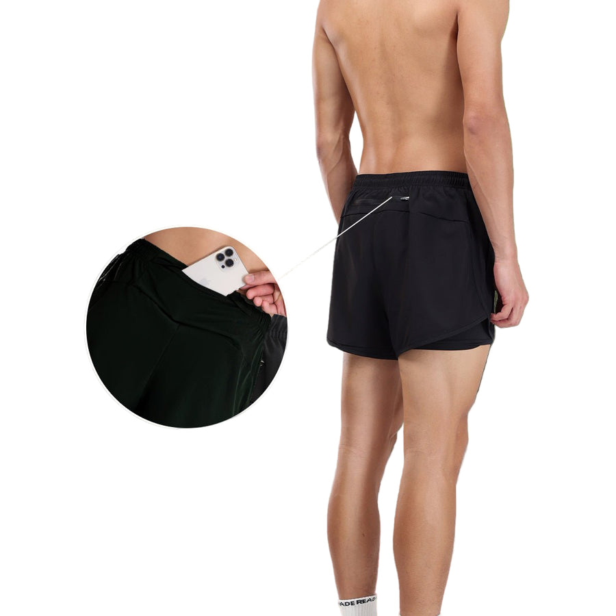  Faux mens black Two Piece Athletic Shorts with back pocket