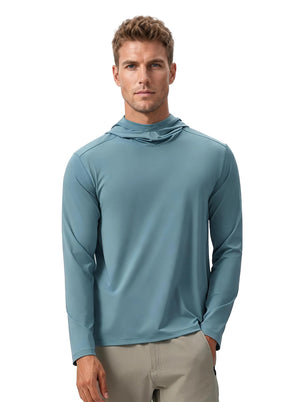 Caucasian male model in #blue hooded long-sleeve sun protection shirt and khaki trousers, isolated on plain white background.