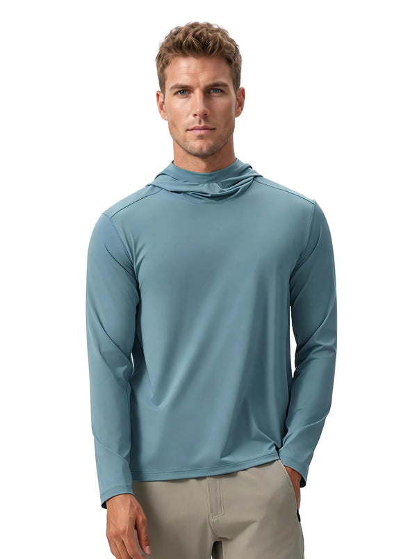 Caucasian male model in #blue hooded long-sleeve sun protection shirt and khaki trousers, isolated on plain white background.