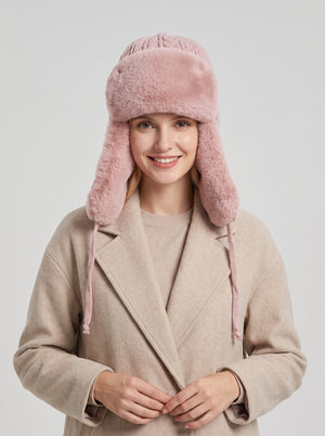 #Pink Women  Knit Faux Fur Ear Flap Trapper Hat