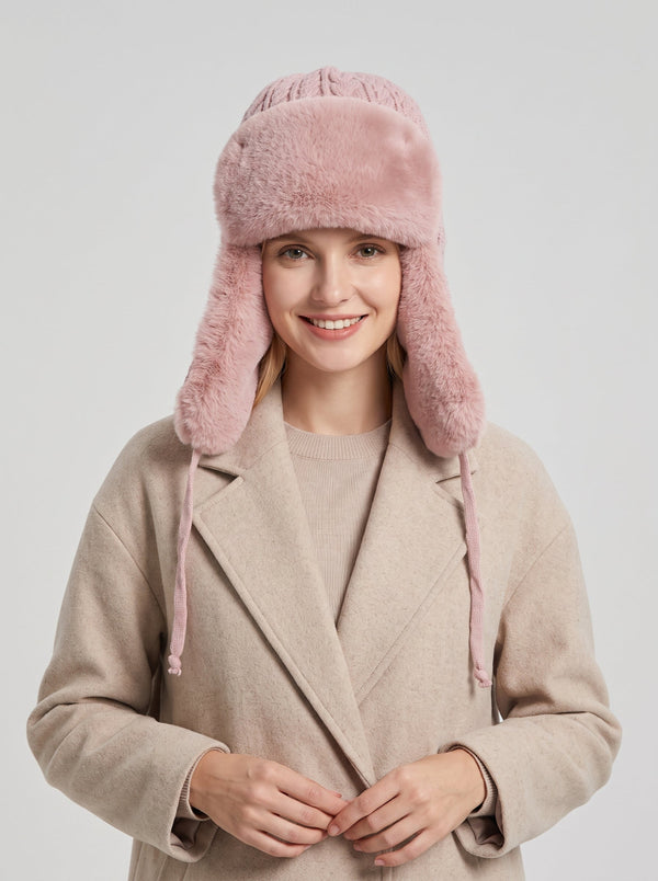 #Pink Women  Knit Faux Fur Ear Flap Trapper Hat