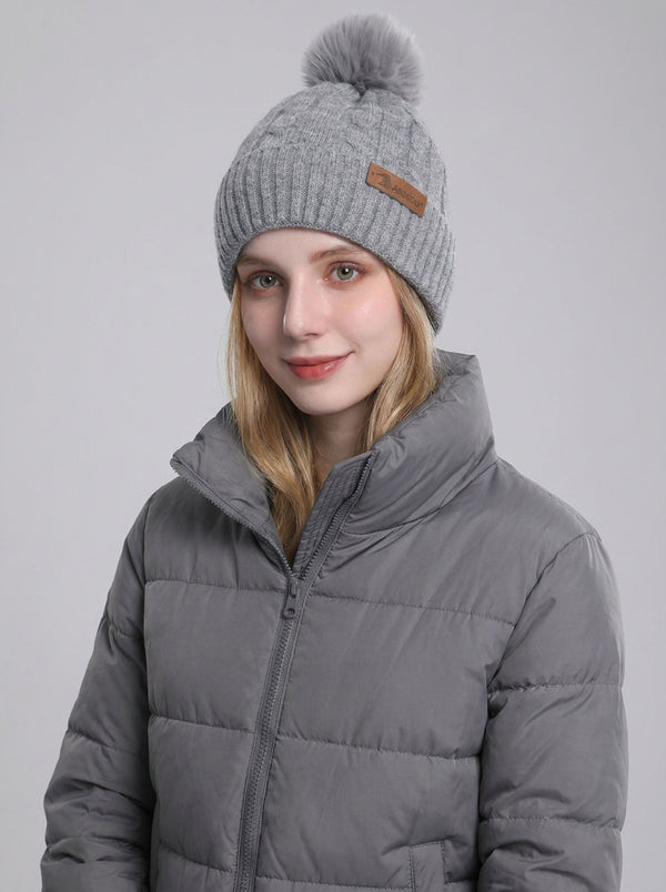 #Gery Women Cable Knitted Pom Beanie Hat