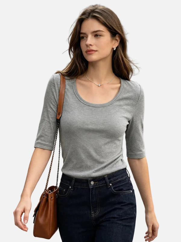 #Gray Wool Blend Mid Sleeve Base Layer Top