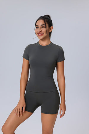 Women's #Gray Yoga Short Sleeve Top and Butt Lift Shorts UPF 50+