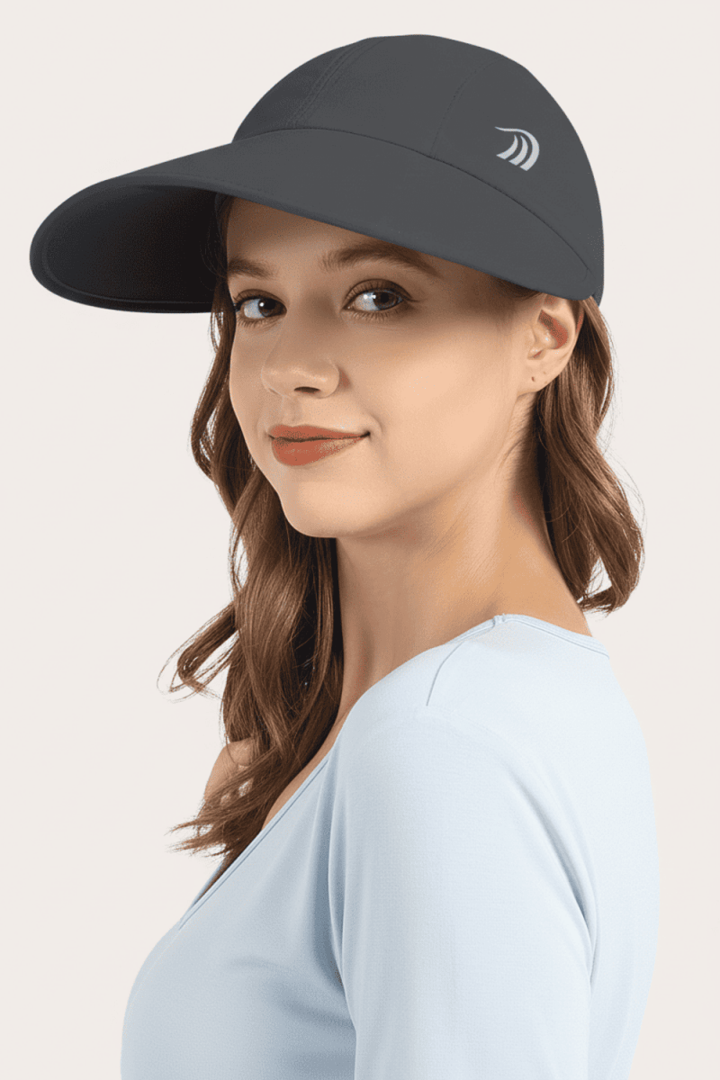 Gray wide brim sun protection cap