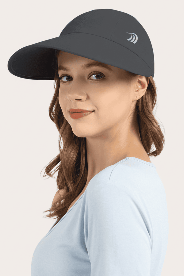 Gray wide brim sun protection cap