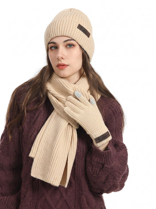 #GreamApricot Knitted Beanie Hat Scarf Gloves Set