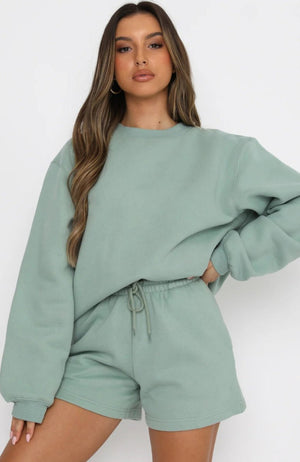 #Green Crewneck Sweatshirt Shorts Set