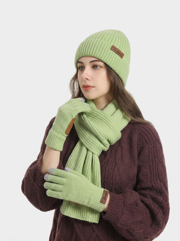 #Green Knitted Beanie Hat Scarf Gloves Set