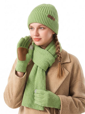 #Green Warm Knitted Beanie Hat Scarf Gloves Set