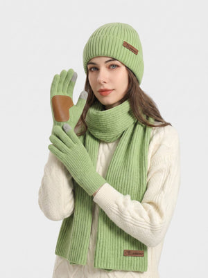 #Green Knitted Beanie Hat Scarf Gloves Set