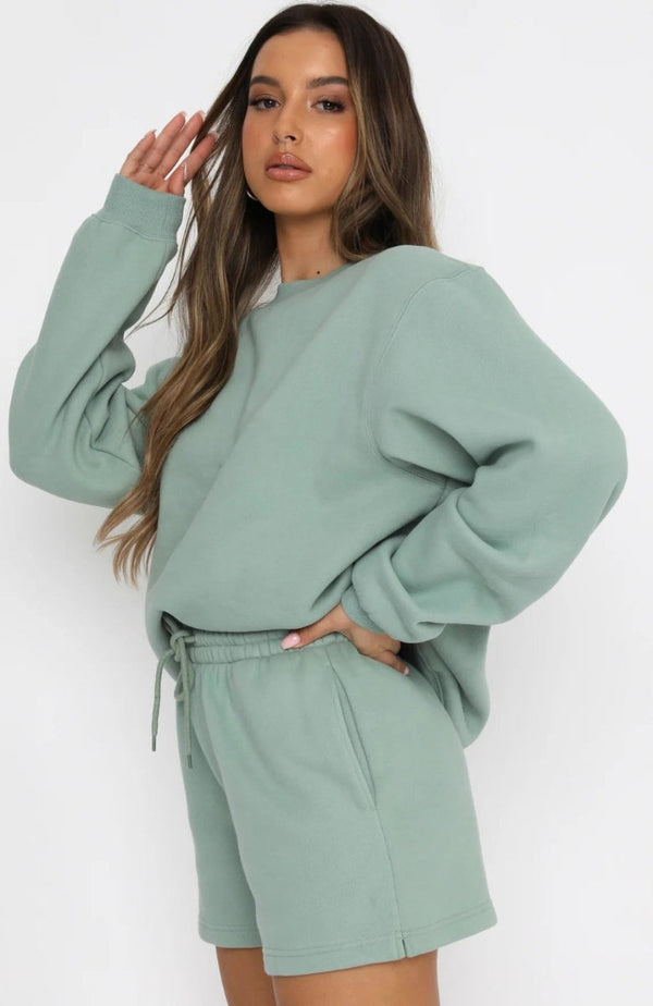 #Green Womens Crewneck Sweatshirt Shorts Set