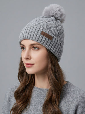 #Grey Black Women Grid Jacquard Pom Knit Beanie Hat