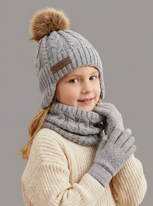#Grey Kids Ear Flap Plush Pom Knit  Hat Scarf Gloves Set
