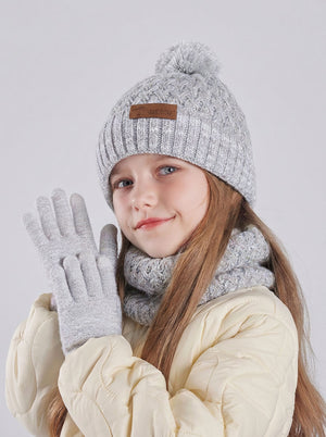 #Grey Kids Fleece Lined Pom Knit Hat Scarf Gloves Set