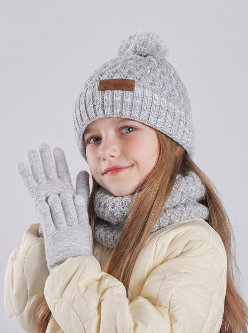 #Grey Kids Fleece Lined Pom Knit Hat Scarf Gloves Set