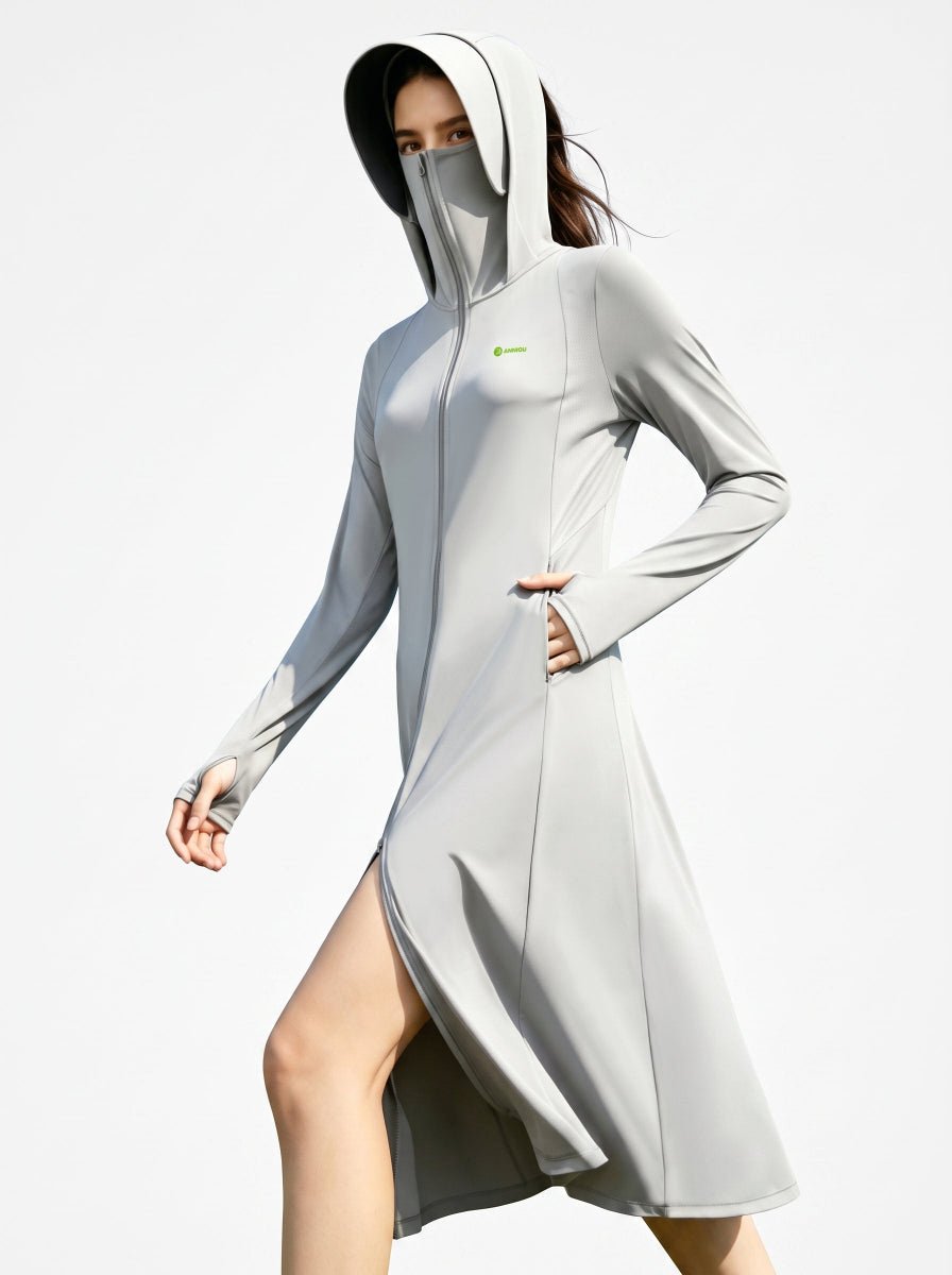 #Grey Longline Hooded UV Protection Jacket