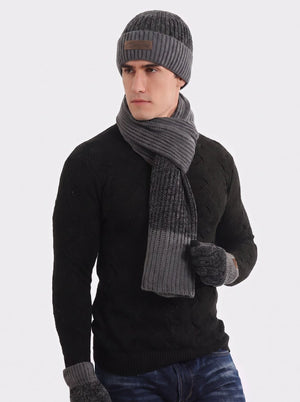 #Darkgrey Men Color Block Rib Knit Hat Scarf  Gloves Set