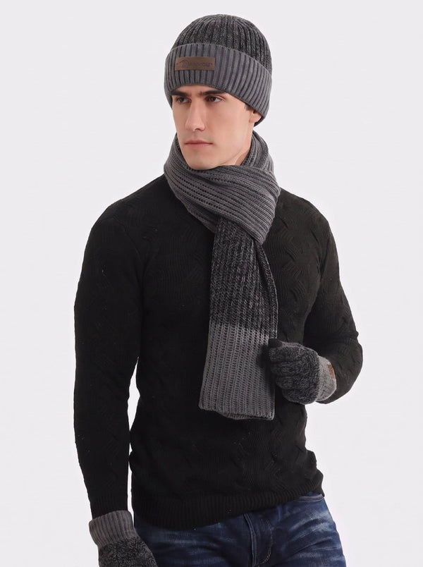 #Darkgrey Men Color Block Rib Knit Hat Scarf  Gloves Set