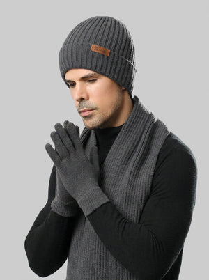 #Grey Men Solid Color Knit Hat Scarf Gloves Set