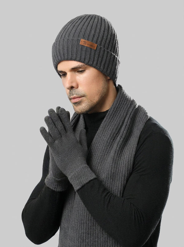 #Grey Men Solid Color Knit Hat Scarf Gloves Set