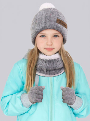 #Grey Pom Pom Fleece Knit Hat Scarf Gloves Set