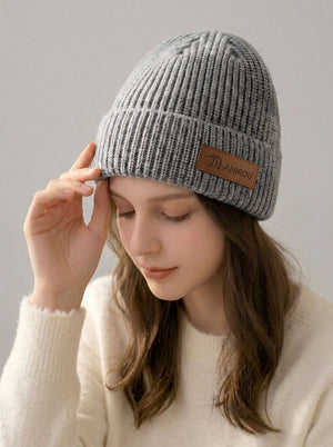 #Grey Women Rib Knit Leather Patch Beanie Hat