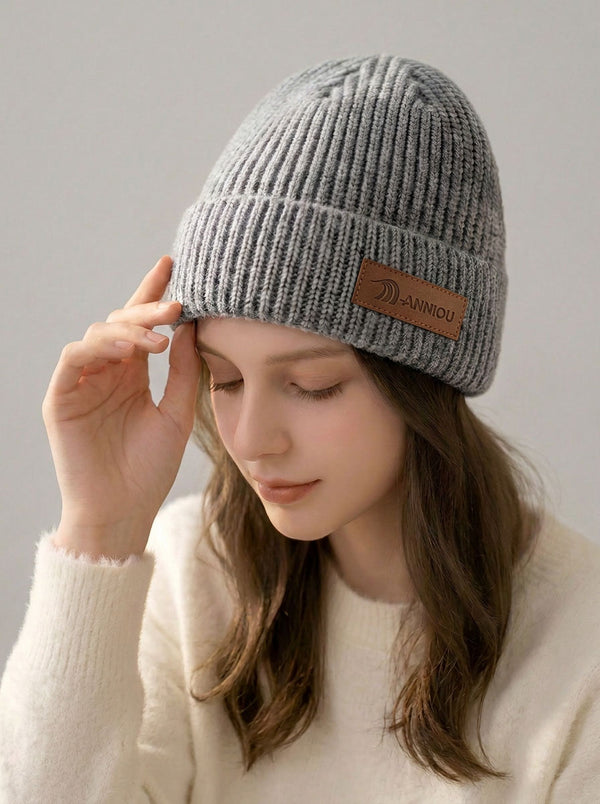 #Grey Women Rib Knit Leather Patch Beanie Hat