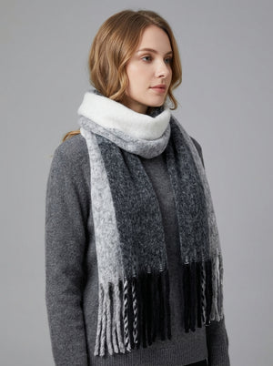 #Grey Women Soft Color Block  Fringe Scarf