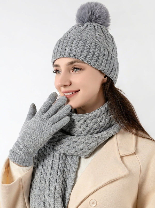 #Grey Women Twisted Cable Pattern Knit Hat Scarf Gloves Set