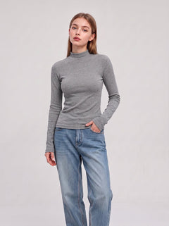 #Grey Wool Blend Thermal Mock Neck Shirt