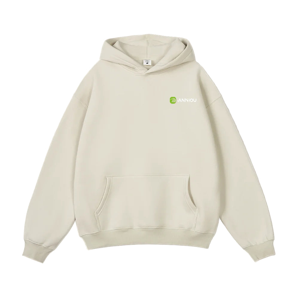 Beige hoodie with Anniou logo on a light beige background
