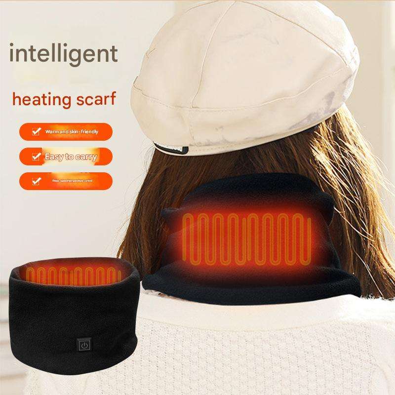 Heated scarf with visible heating elements on a plain background