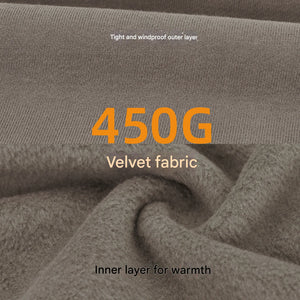 Gray fabric with text indicating 450G velvet content and features
