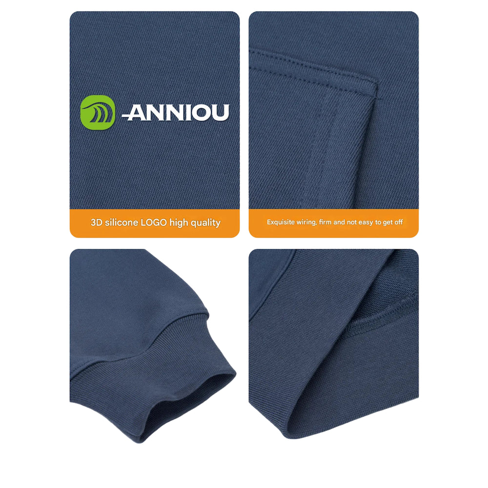Blue fabric with ANNIOU branding and product features on a beige background