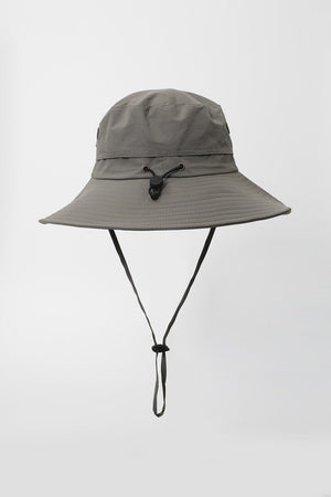 Gray bucket hat with chin strap on a white background