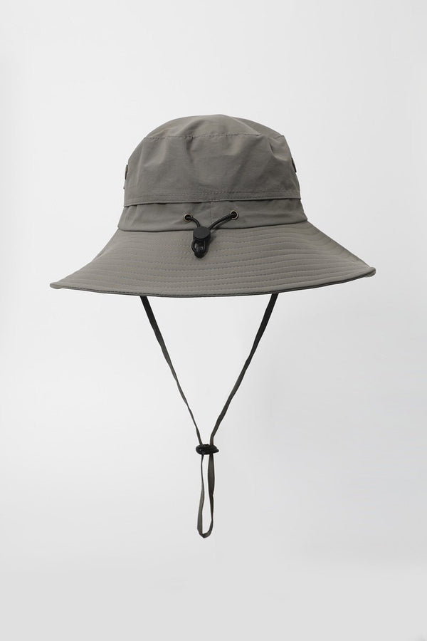 Gray bucket hat with chin strap on a white background