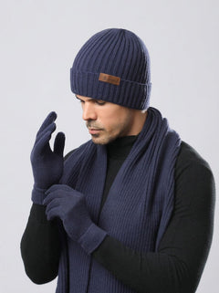 #HazeBlue Camel Men Solid Color Knit Hat Scarf Gloves Set