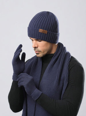 #HazeBlue Camel Men Solid Color Knit Hat Scarf Gloves Set