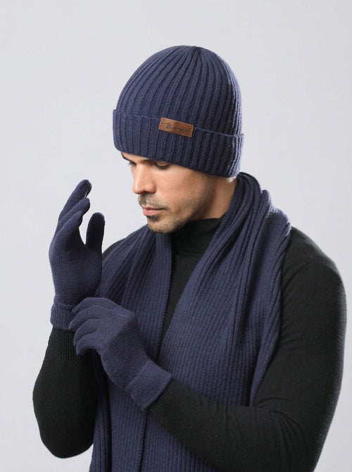 #HazeBlue Camel Men Solid Color Knit Hat Scarf Gloves Set