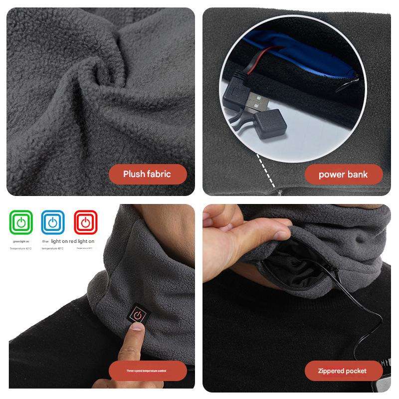 Heated neck gaiter with plush fabric, power bank connection, and zipped pocket features.