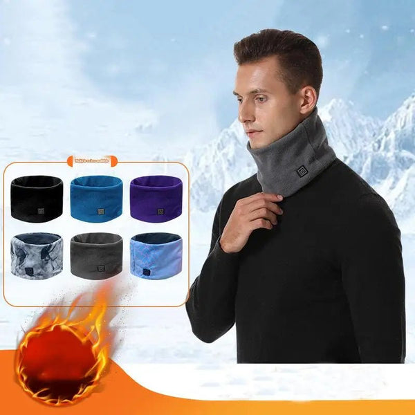 Man wearing a gray neck warmer with color options displayed on a snowy background