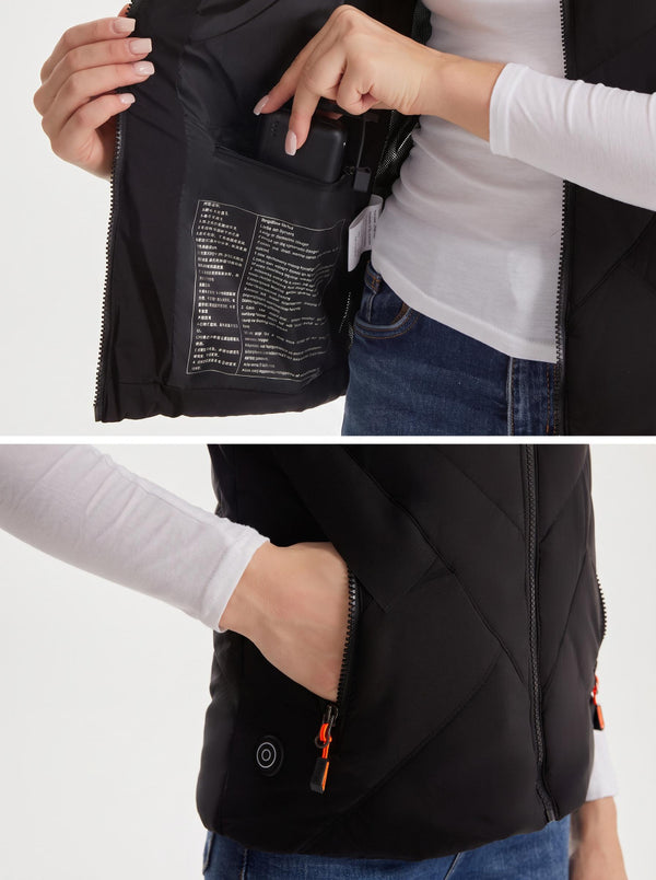 Heated Vest Inner Battery Pocket & Outer Zipper Pockets Detail
