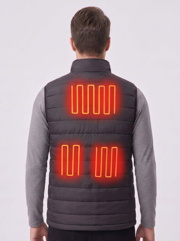 Men's stand‑collar heated vest showing back multi‑zone heating panels, USB electric thermal gilet for winter outdoor skiing hiking