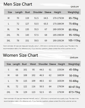 Size charts for men and women with measurements and weight ranges.