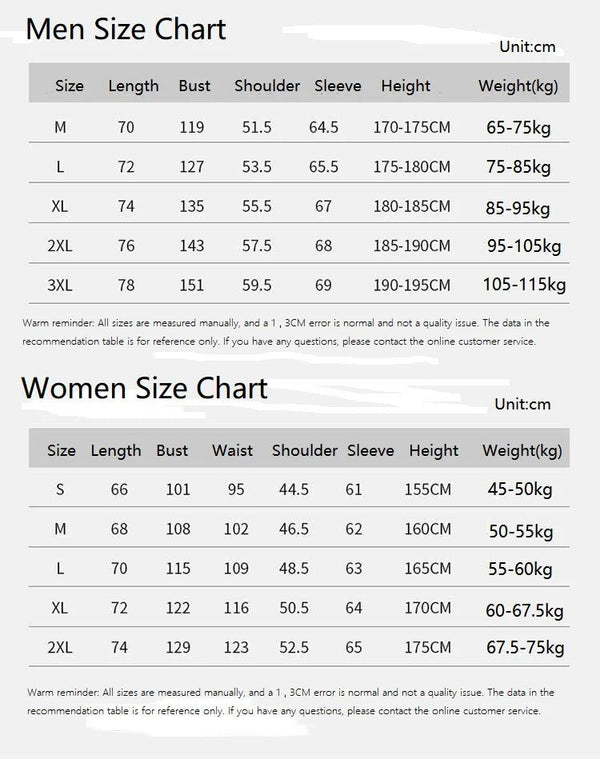 Size charts for men and women with measurements and weight ranges.