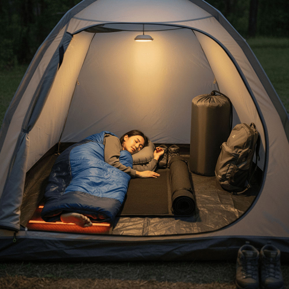 Heated sleeping bag and mat with power indicator lights on a black background