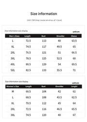Size chart for men's and women's clothing with measurements in centimeters.